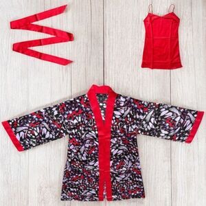 Midnight Velvet Satin Kimono Robe Set Red Floral Cami Lingerie Size Large